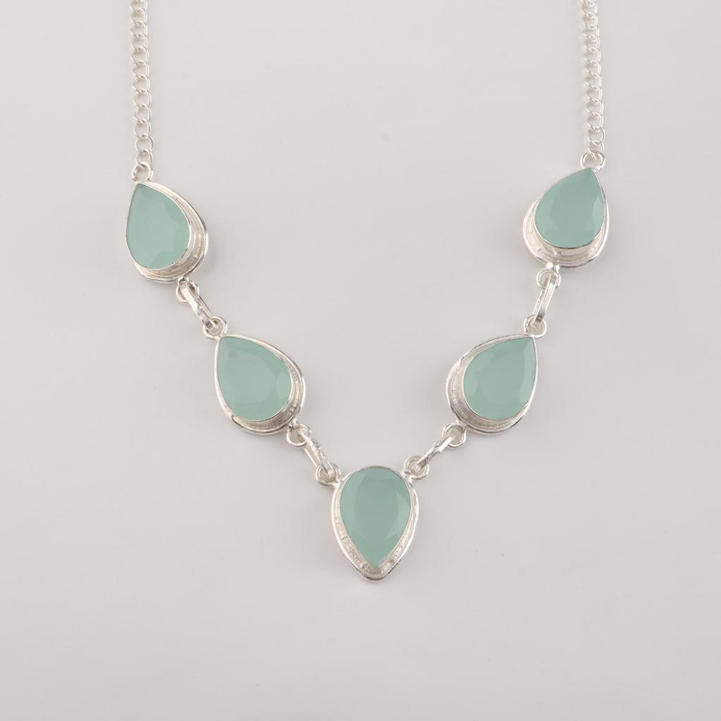 Aqua Chalcedony Gemstone Silver Necklace, 925 Sterling Silver, Statement Necklace For Wedding RN-1-20