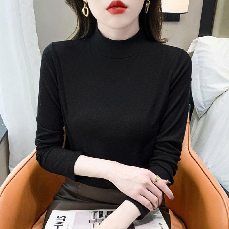 Anti-Static Pure Cotton Large Size Half-High Collar Base Shirt for Women in Autumn and Winter, New Slim-Fit T-Shirt for Layering