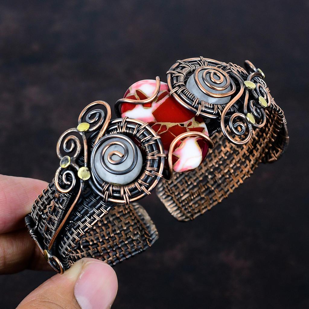 Kingman red mohave copper turquoise cuff bracelet copper wire wrapped adjustable bangle rainbow moonstone bangle gemstone jewelry for gifts