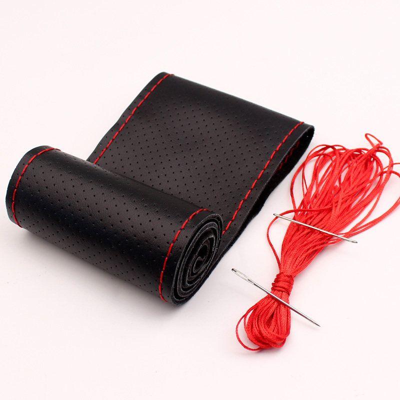 

Cover Leather Hand-Stitched Volkswagen First Layer Cowhide Men s and Women s Four Seasons Universal Leather Cover Abrasion Resistant Handle Cover [First Layer of Cowhide] Black Red Line Perforated