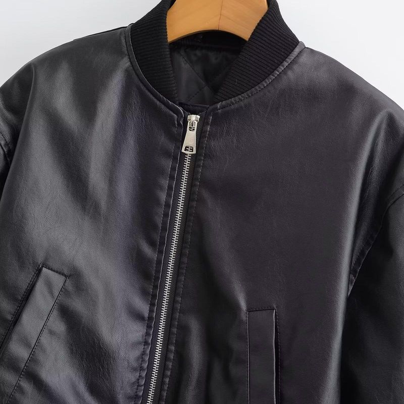 Kaslead New Arrival Women's Clothing Fashion Style Fashion Wash Imitation Leather Flight Jacket Cotton Jacket 6318223