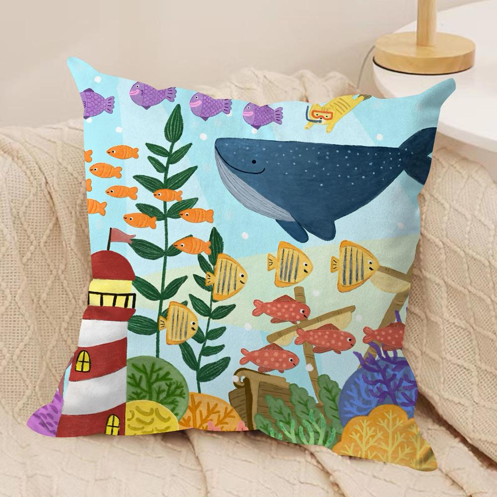 Marine Animals Summer Ins Cushion Cover Silky Short Plush Invisible Zipper Dustproof Sofa Pillow Case For Home Decor