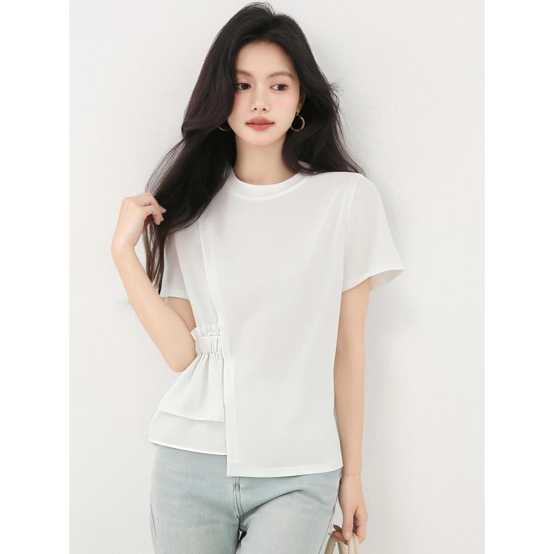 Plus Size Chic Irregular Round Neck White Cotton Short Sleeve T-shirt XL белый