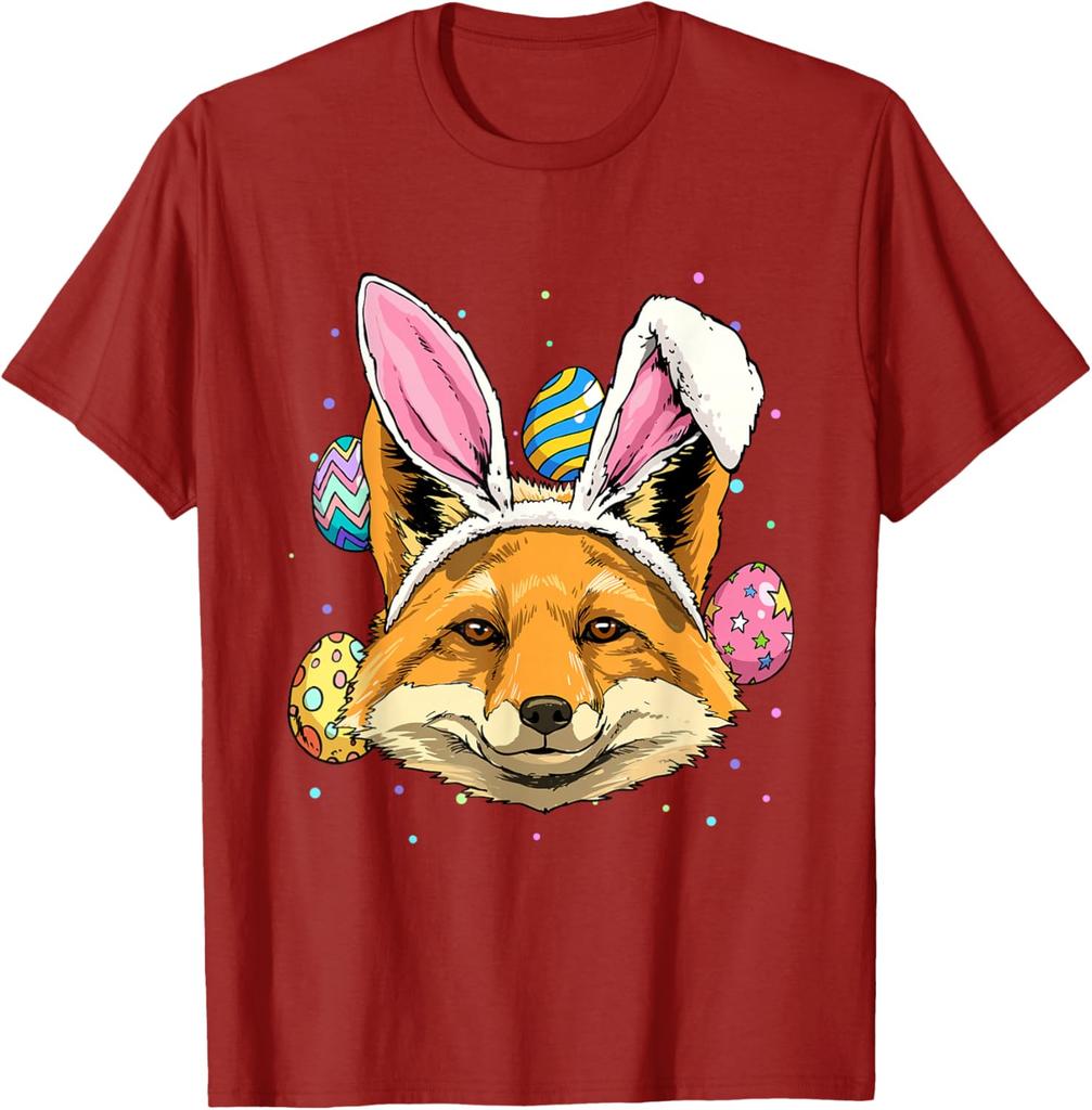 Easter Bunny Fox T-Shirt Funny Fox Lover Animal Graphic Tee Casual Crew Neck Tee