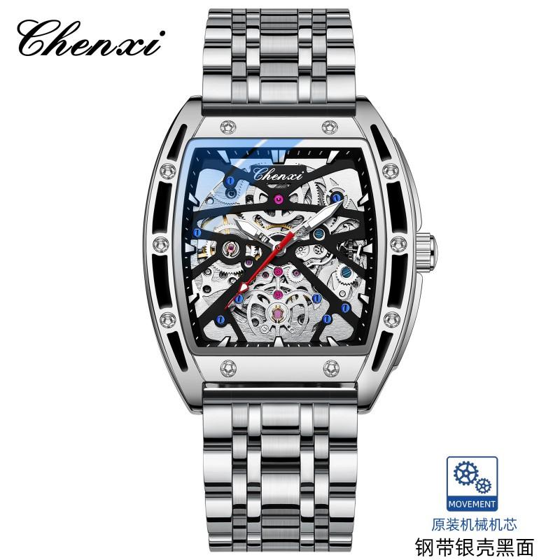 Mens Automatic Mechanical Watch Wine Barrel Skeleton Genuine Leather Waterproof 30M Luminous Casual Style