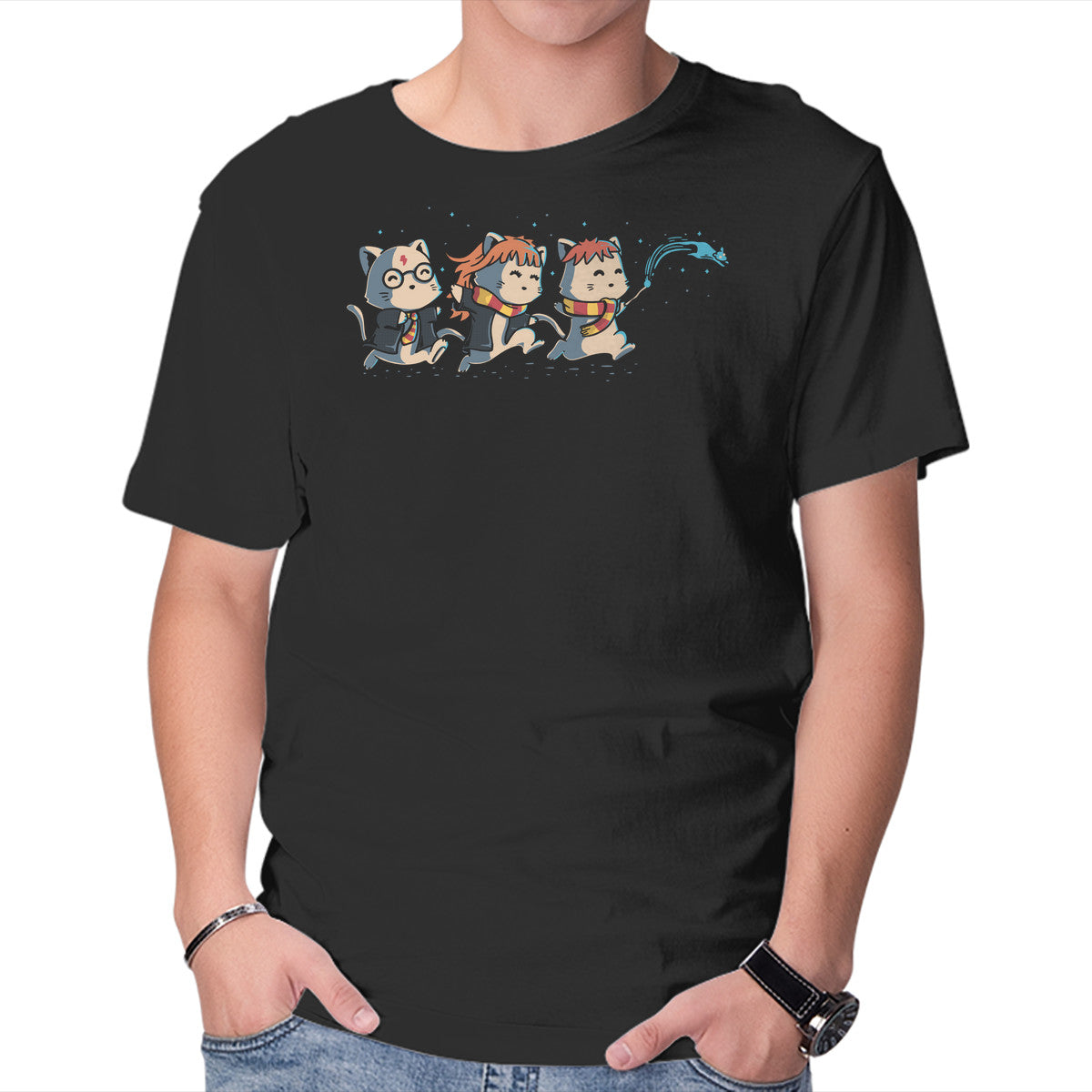 Unisex Crew Neck T-Shirt Magical Cats Graphic Short Sleeve Casual Tee S