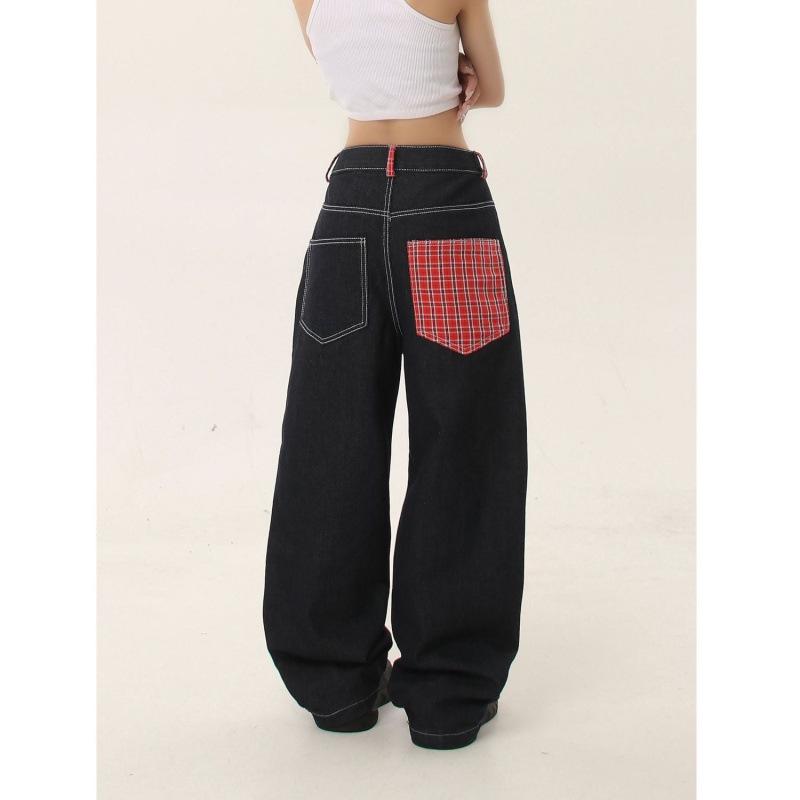 Jeans Rectos con Puño de Patchwork Cuadros Americanos - Pantalones Casuales Retro de Verano para Mujer