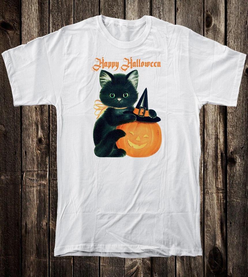 

Retro Halloween Tee T Shirt Vtg Art White Cotton Cute Black Cat Jack O Lantern M
