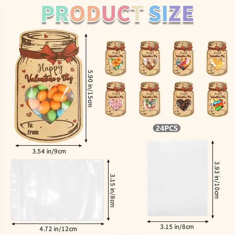 24Pcs Kraft Candy Jar Valentines Day Cards Set Clear Sealed Bags Valentine Exchange Cards for Classroom Party Favors
