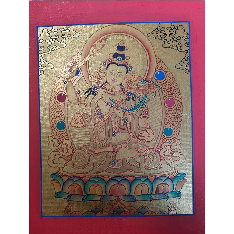 Hand-Painted Nepali Thangka: Yellow Dzambala, Green Tara, Manjushri, Samantabhadra, Medicine Buddha Wall Hanging