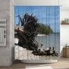 Beach Wood Log Shower Curtain Waterproof Bathroom Decor Blue Sky Tree Trunk Print Fabric Shower Panels Bathtub Liner Decoration