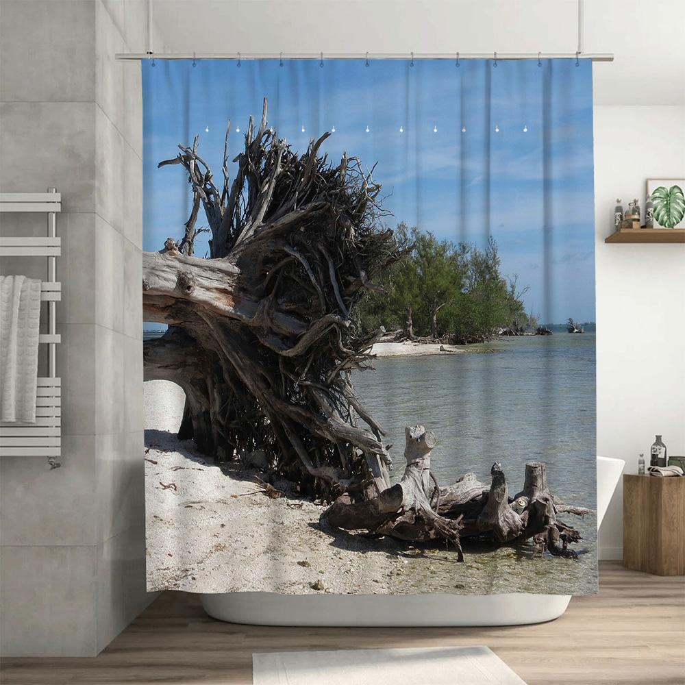 Beach Wood Log Shower Curtain Waterproof Bathroom Decor Blue Sky Tree Trunk Print Fabric Shower Panels Bathtub Liner Decoration