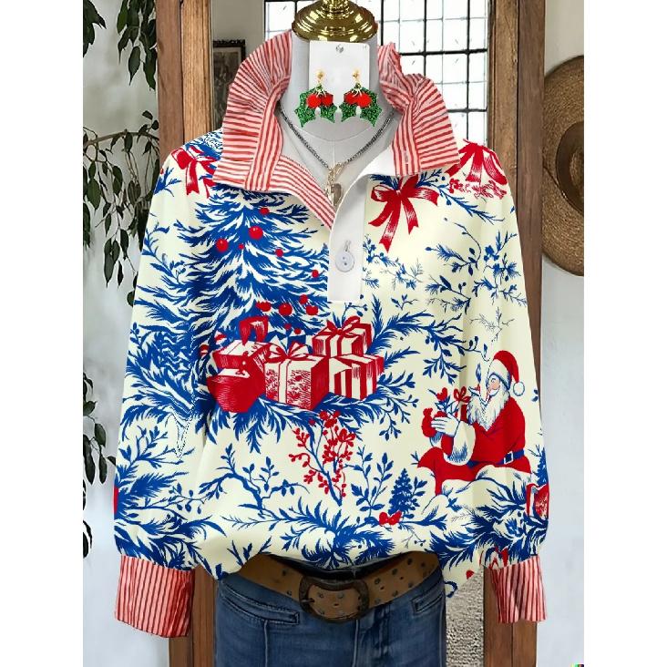 

Women s Retro Christmas Pattern Blouse - Turn-Down Collar Long Sleeve, Loose Casual Silhouette, Festive Gift Tree Print Top Suitable for Fall/Winter 3XL червоний