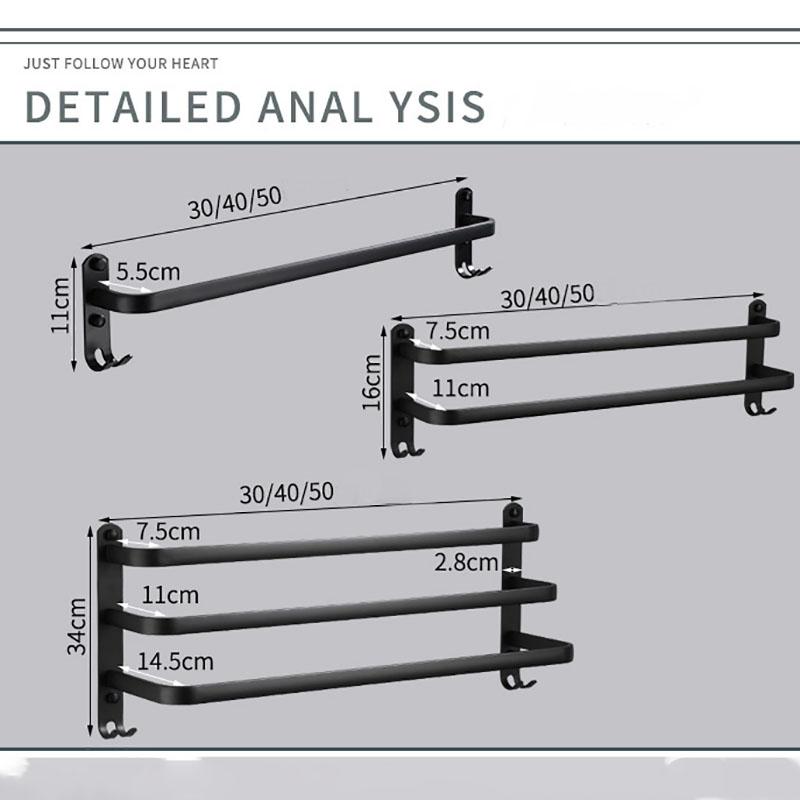 Towel Hanger Wall Mounted 30-50 CM Towel Rack Bathroom Aluminum Black Towel Bar Rail Matte Black Towel Holder with Sticker