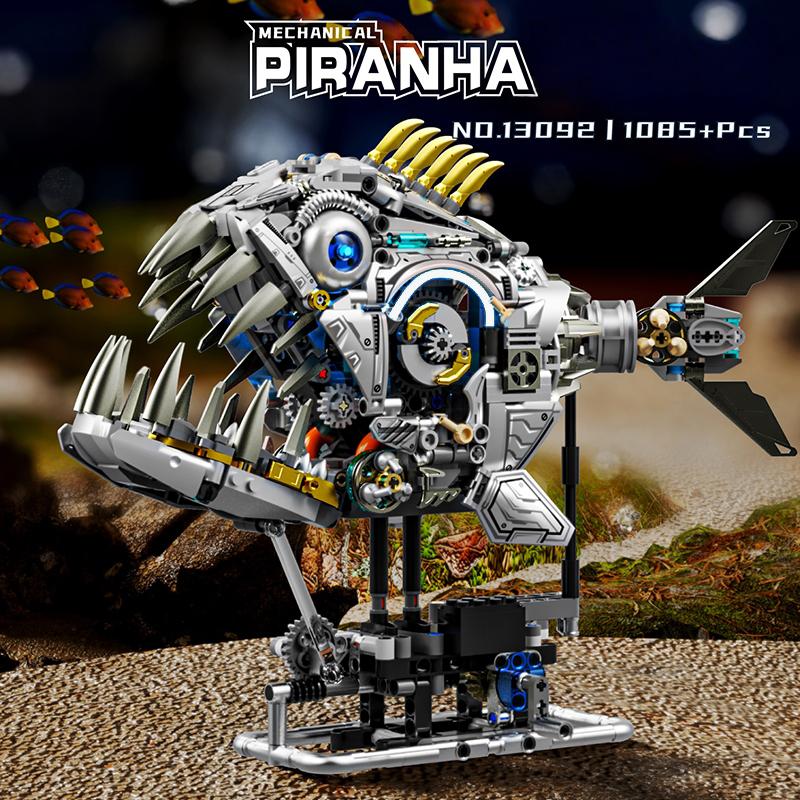 Non-Toxic Technical Mechanical Piranha Sea Life Fish Building Blocks Bricks Power Motor Animal World Model Children Assembly Toys For Kid Gift