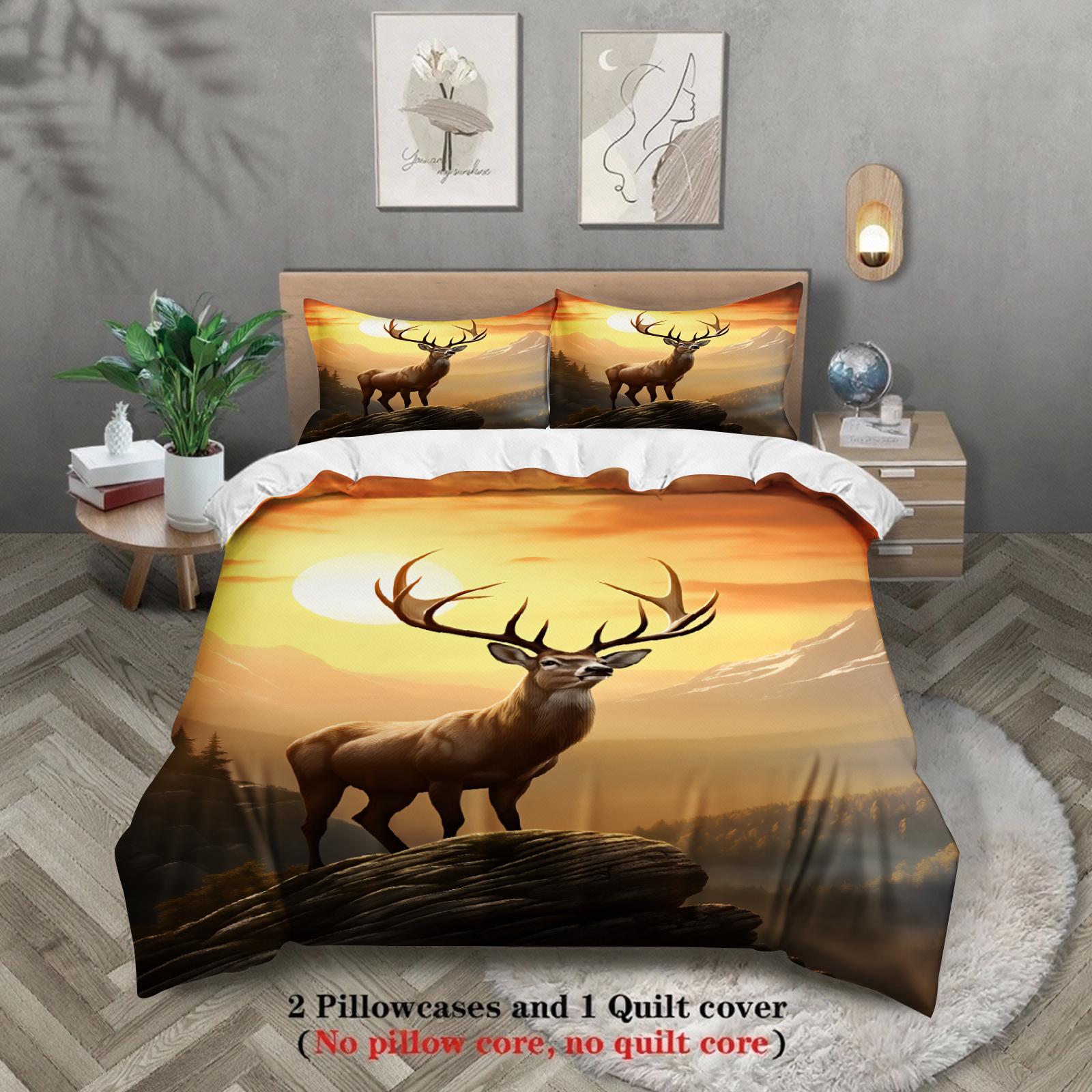 

Sunset And Mountain Printed Duvet Cover 100% Polyester Made Warm Gradient Color Deer 3PCS Bedding Sets Comforter Not Included 135x200cm