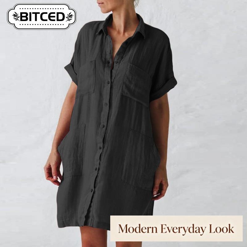 BITCED Fashion Summer Spring Solid Color Print POLO Neck Short Sleeve Casual Dresses