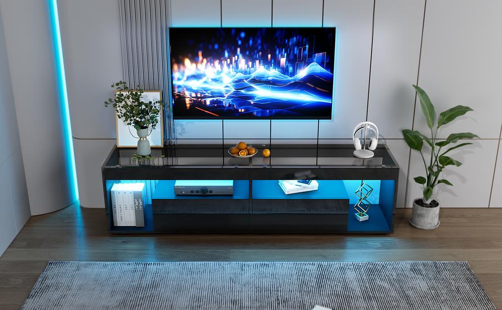 Mobile TV LED Lucido, Adatto per TV fino a 70 Pollici, Mobile TV Nero con 2 Cassetti, Tavolino per Soggiorno e Camera da Letto, Nero
