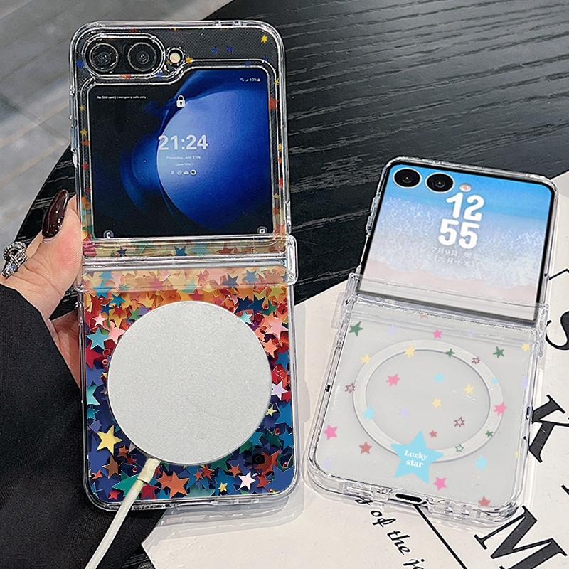 Colorful Stars Print Case For Samsung Galaxy Z Flip 8 7 FE 6 5 Z Flip8 Flip7 Flip6 Magnetic Clear Hard PC Folding Phone Cover