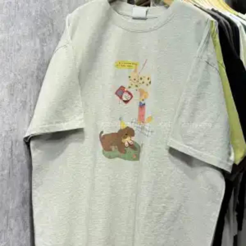 Women's Pink T-Shirt Casual Crew Neck Short-Sleeve Cartoon Dog Print Loose Fit Top