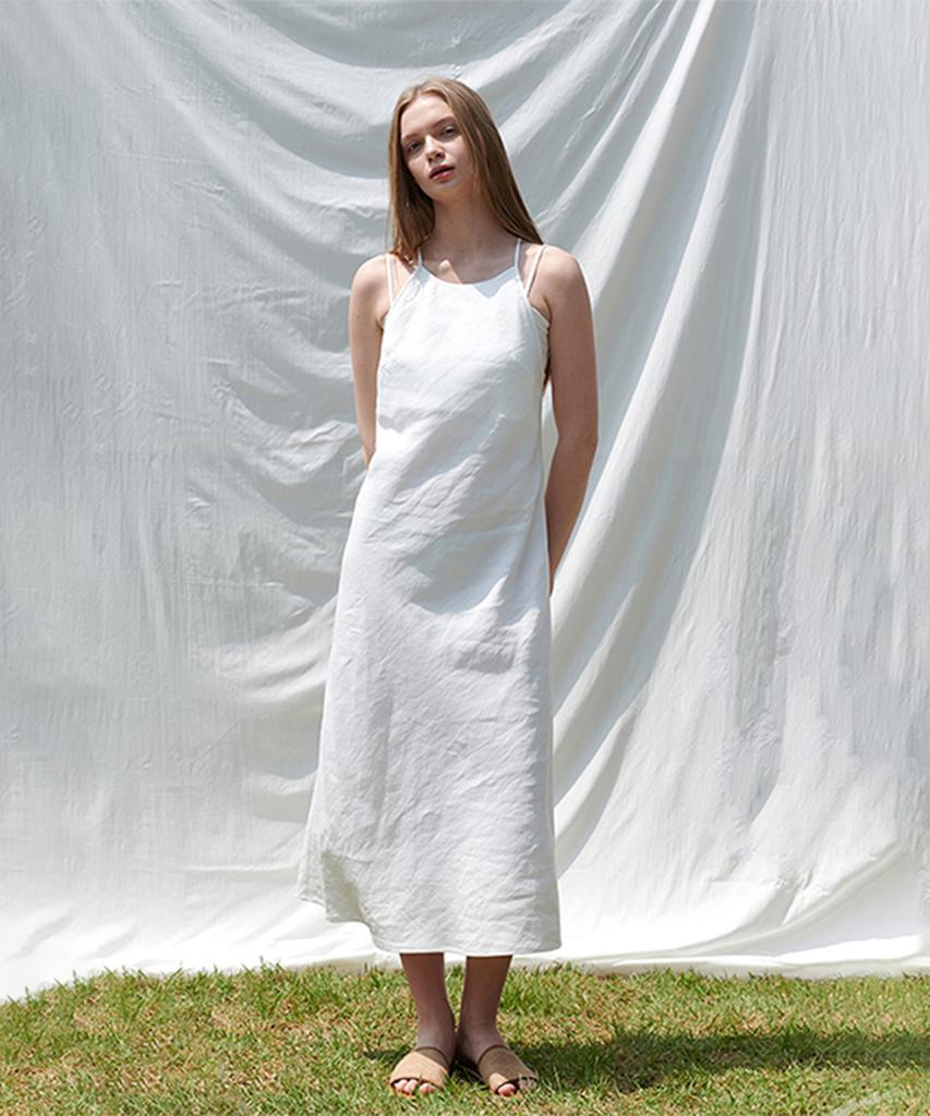 Pin Black Linen Halter Dress White