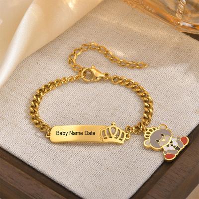 Bracelet Ours Couronne Creuse Personnalisable Gratuit pour Bébé Acier Inoxydable Anti-Allergie Nom Personnalisé ID Nouveau-né Bébé Baptême Cadeaux Mignons