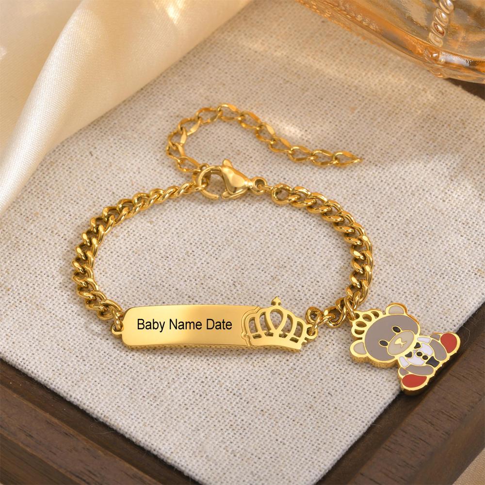 Free Personalize Baby Hollow Crown Bear Bracelet Anti Allergy Stainless Steel Custom Name ID Newborn Infant Baptism Cute Gifts