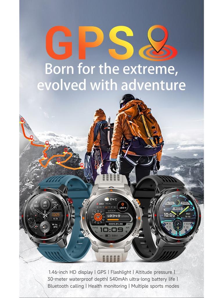 שעון חכם GPS צבאי חדש לגברים שיחת בלוטות' עמיד למים 30 מ' חיצוני פנס LED מצפן ספורט שעון חכם 2025