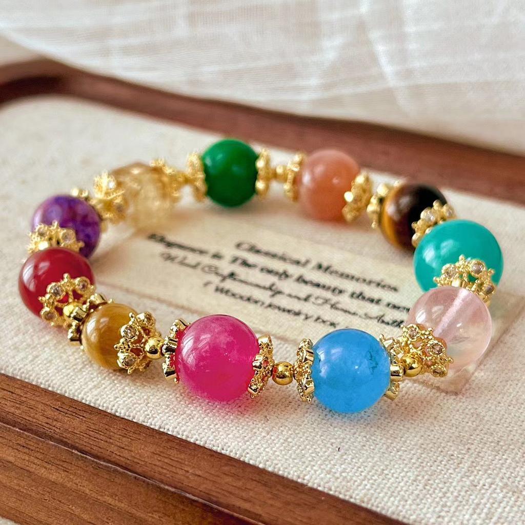 Retro Natural Chalcedony Tiger'S Eye Stone Tianhe Stone Powder Crystal Sunstone Duobao Bracelet Autumn And Winter Maillard