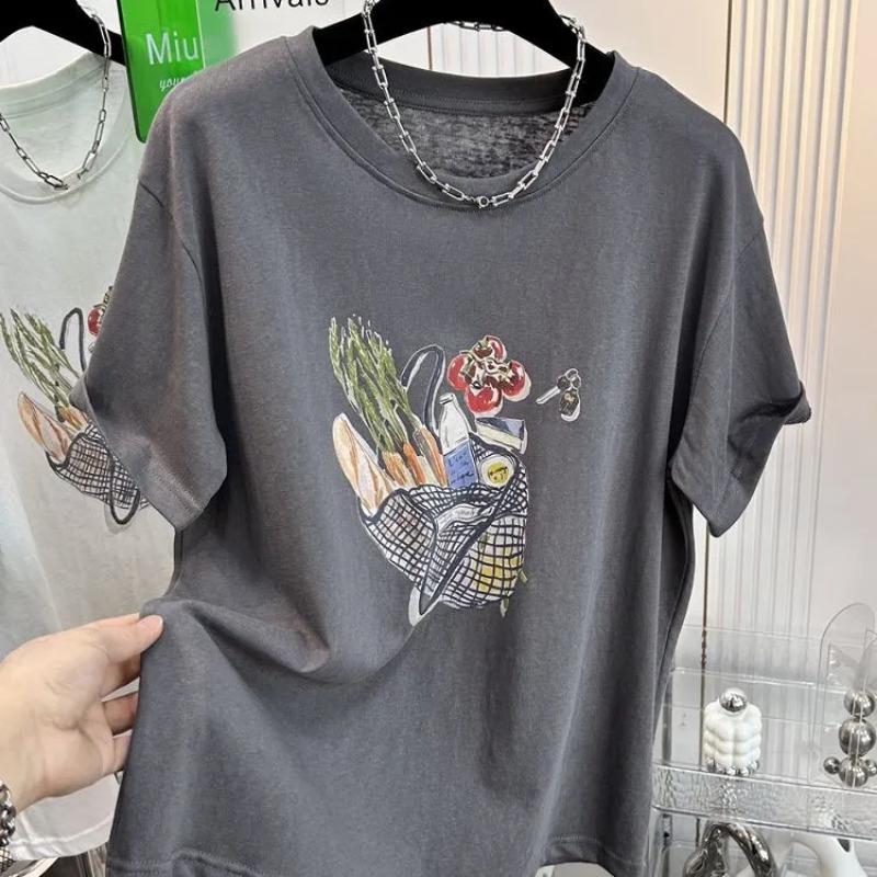 Womens Casual Grocery Bag Print Short Sleeve T Shirt