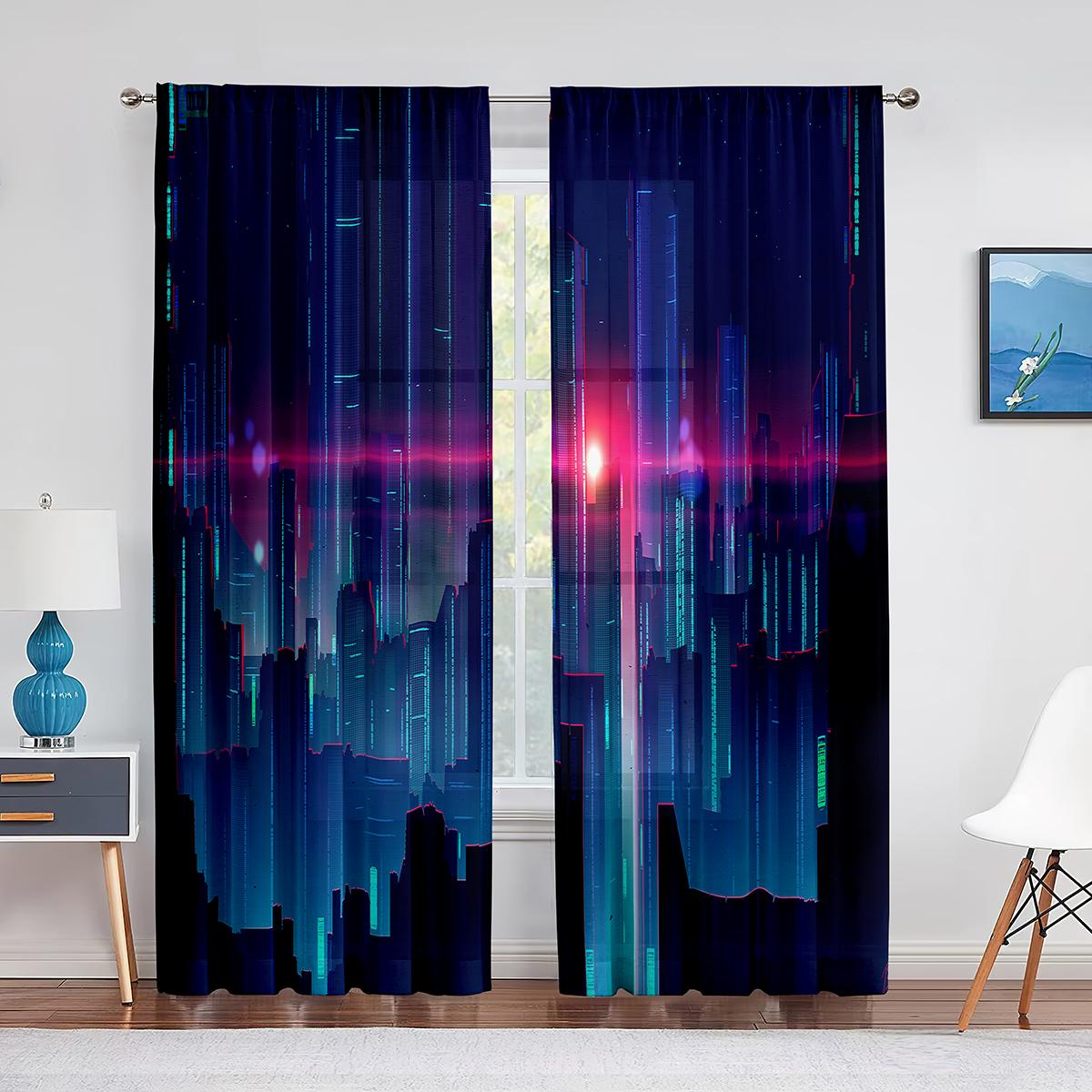 Ночной городской пейзаж Фиолетовый неоновый прозрачный занавес для гостиной Спальня Вуаль — фото 7
