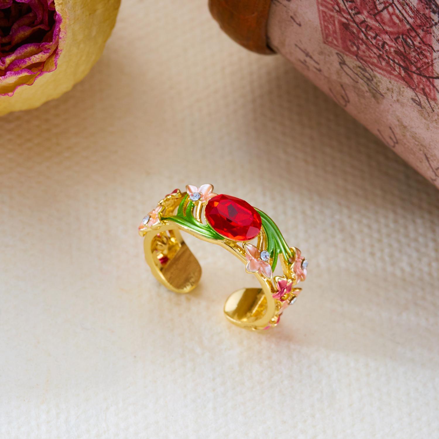 Romantic Enamel Flower Bracelet Ring Set for Women Sweet Rhinestone Floral Brass Bangle Ring Party Stackable Jewelry Gift