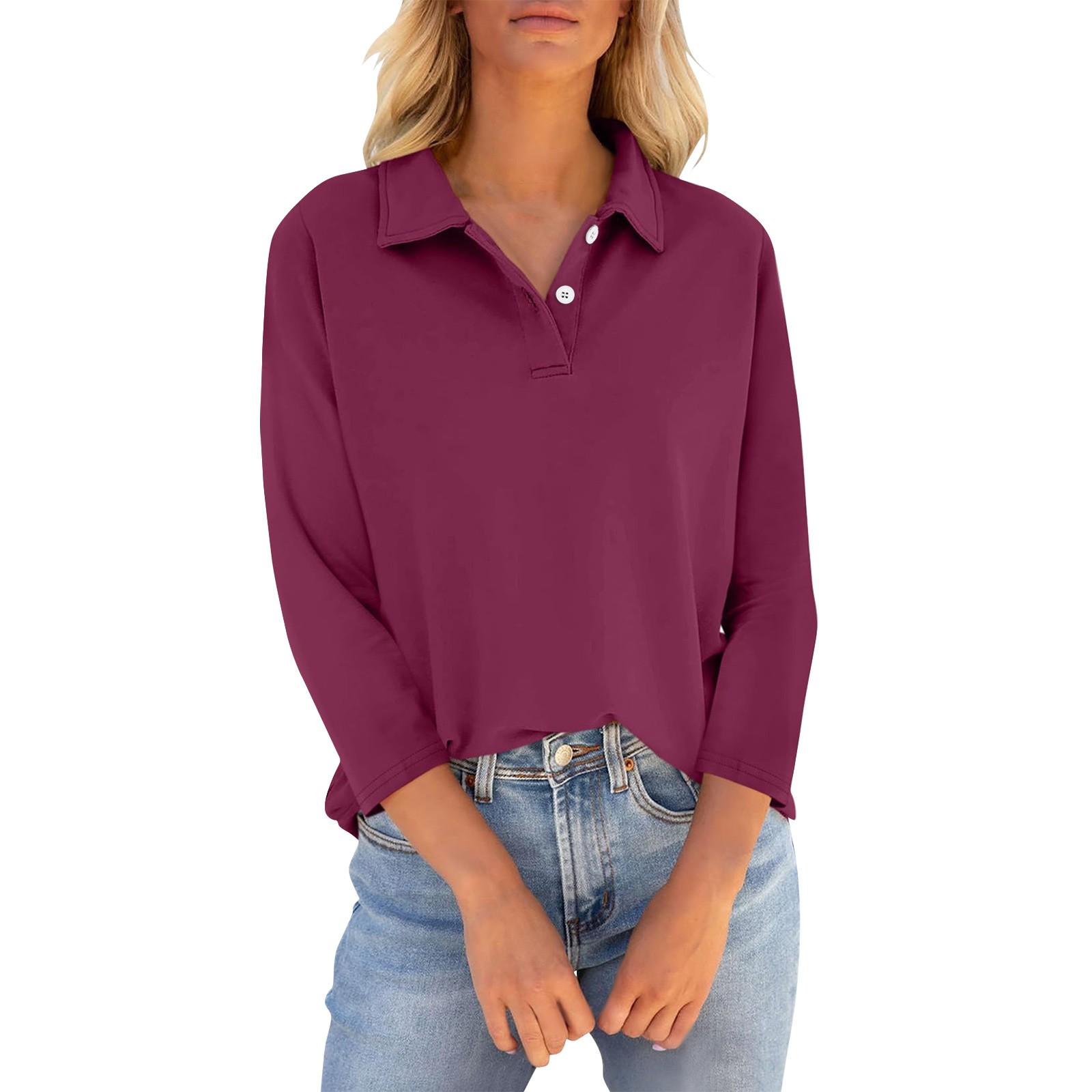 

Женские футболки с рукавом 3/4, летние рубашки с V-образным вырезом и пуговицами, повседневные однотонные свободные топы с воротником XL винный