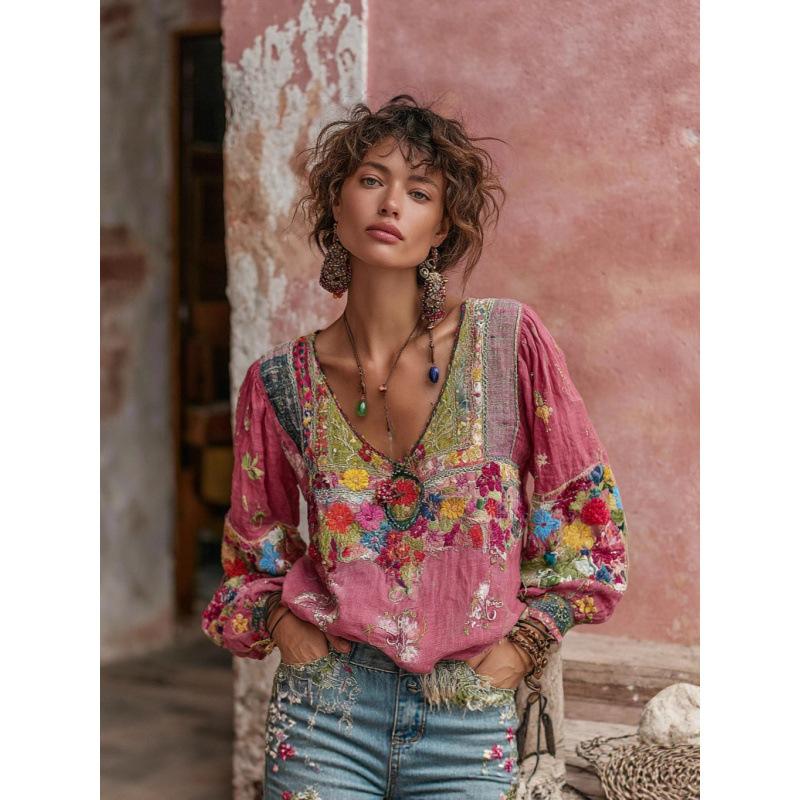 Camicetta da Donna Scollo a V Manica Lunga Vestibilità Regolare Casual Stampa Floreale Camicia Boemia