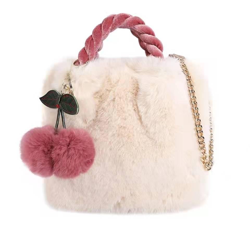 2023 Winter Plush Cherry Fur Girl's Crossbody Bucket Handbag
