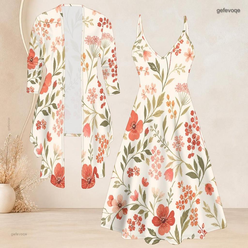 Women Plus Size Two Piece Outfit Long Sleeve Open Front Jacket Cami Maxi Dress
