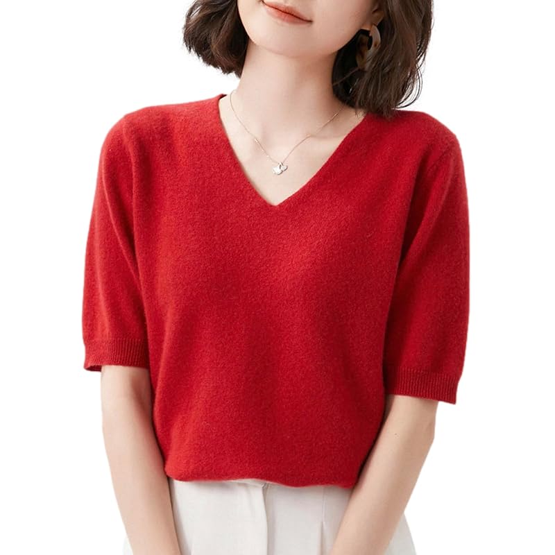 

[BN1 select] knit short sleeve ladies spring summer autumn clothes Beautiful sweater V-neck tops women s clothing 30s 40s 50s red red BN276 RED XL