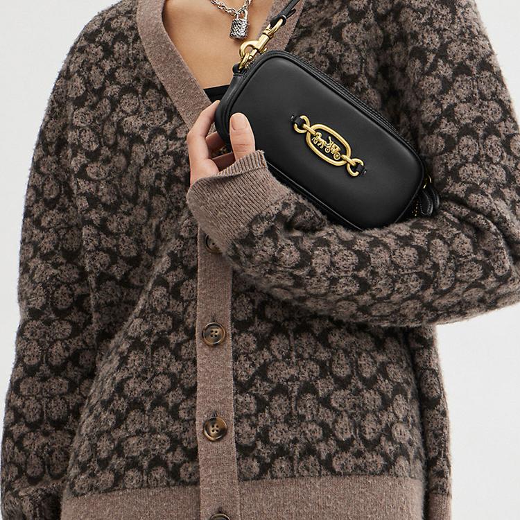 Coach Avery 20 Metal Logo Zipper Closure Leather Handheld Crossbody Shoulder Bag Small Women Bags Black CR095-B4BK