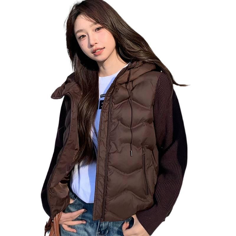 Winter New Cotton-padded Women's Short Short Small Knitted Splicing Cotton-padded Jacket Light and Warm Fake Two-piece Cotton-padded Women