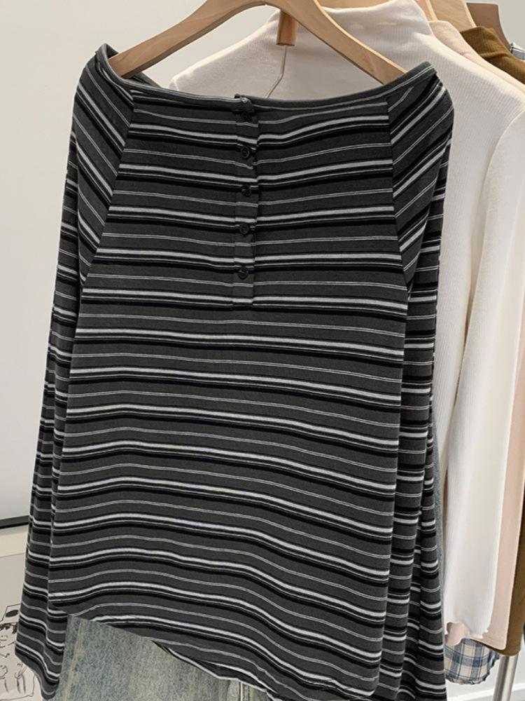 Autumn 2025 New Arrival: Women's High-End Korean Style Striped One-Shoulder Long-Sleeved T-Shirt