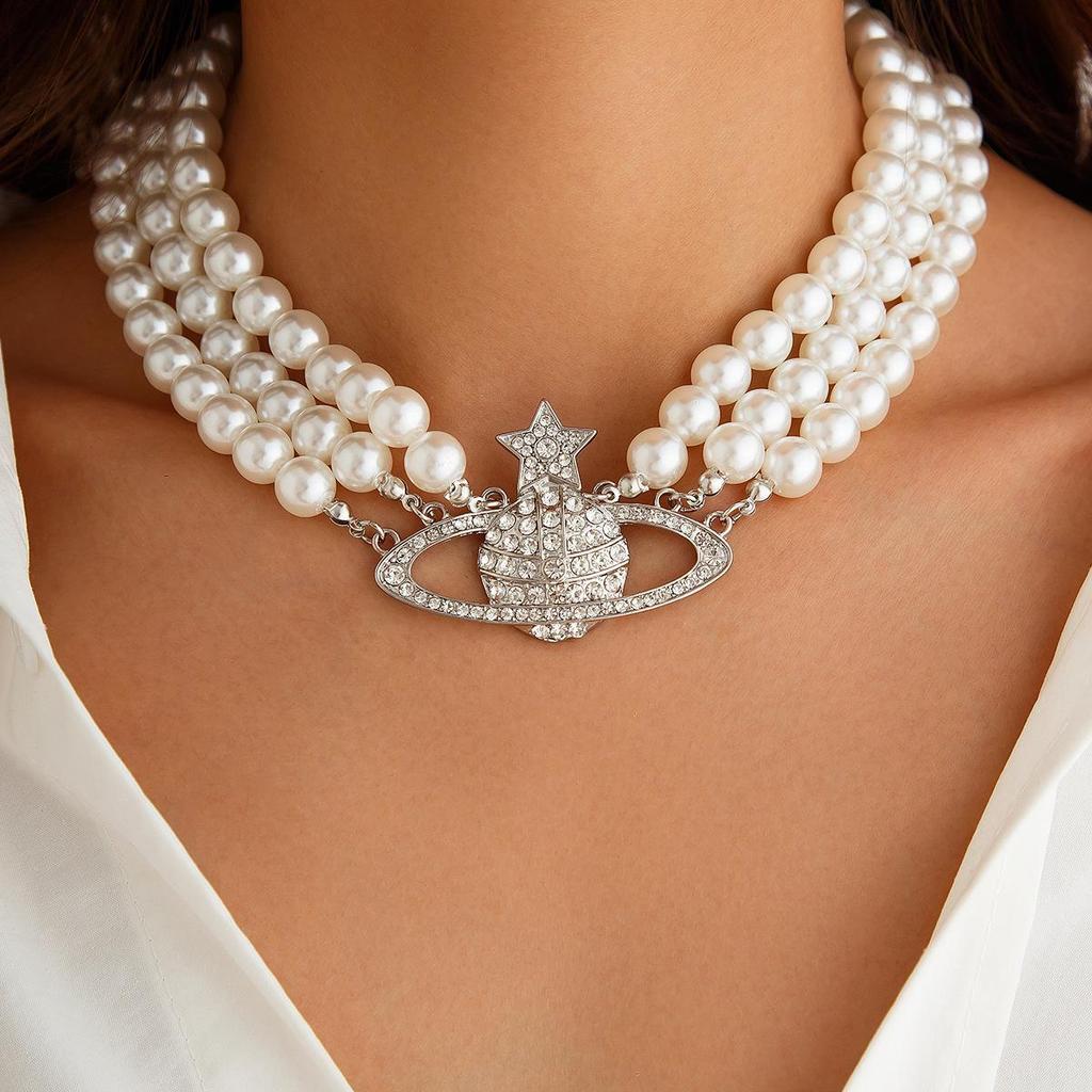 European & American Multi-Layer Imitation Pearl Star Diamond Clavicle Chain Necklace for Women