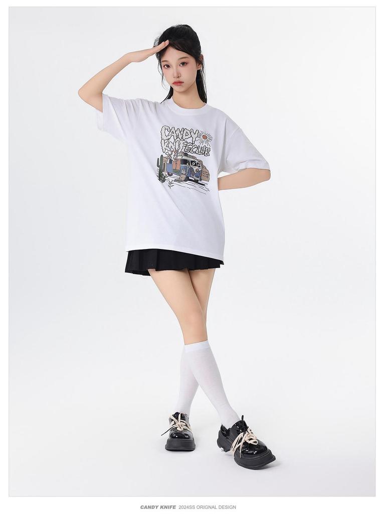 Unisex Retro Fun Print Loose Cotton T-Shirt - Trendy Chic Casual Half Sleeve