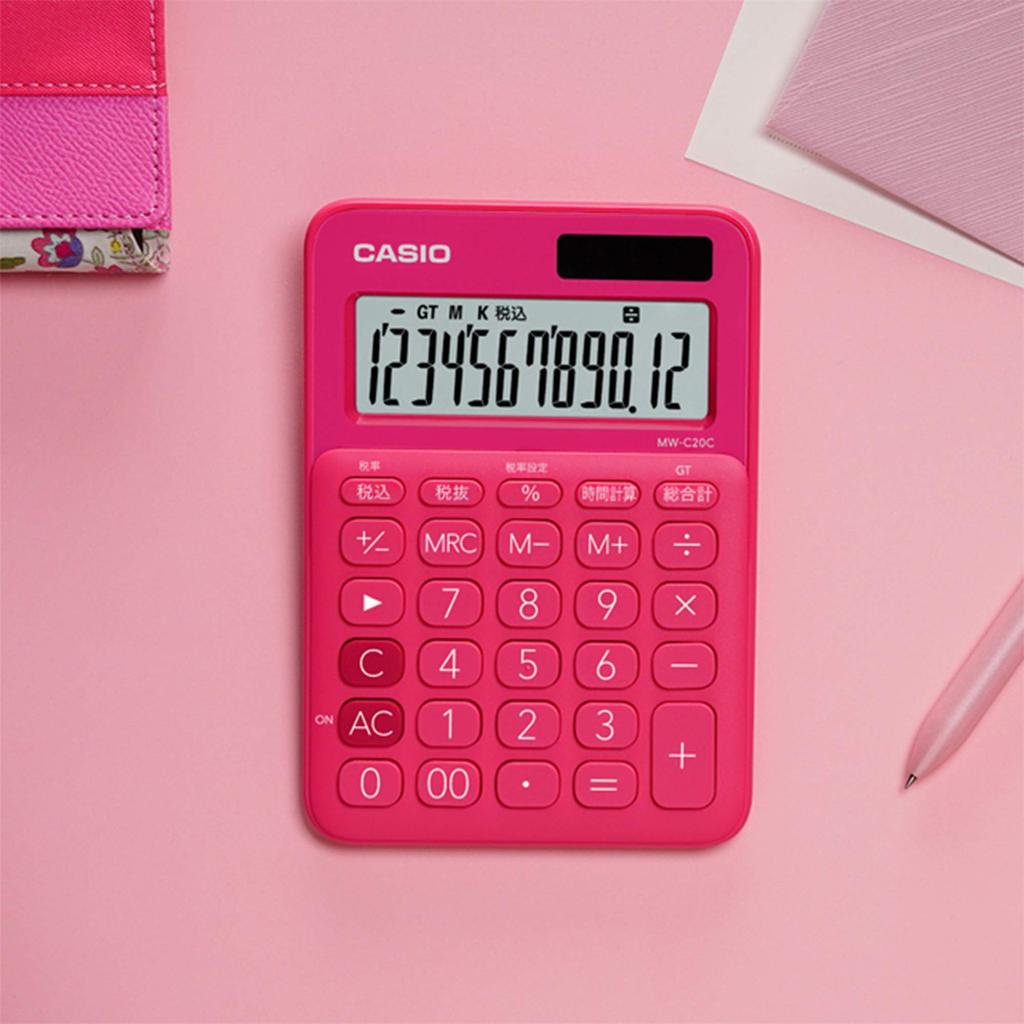 Casio Colorful Calculator Vivid Pink 12 Digit Mini Just Type MW-C20C-RD-N