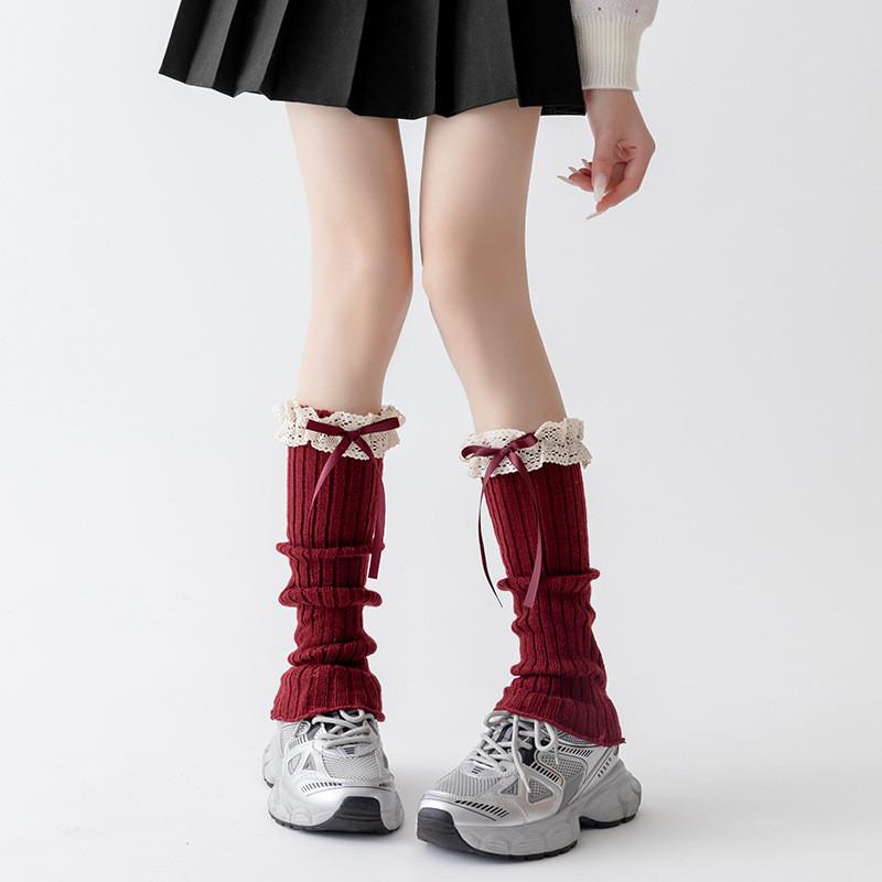 Womens Cotton Sock Sleeves For Autumn Winter Lolita Lace Ruffle Leg Warmers In Ankola Red New Year Christmas Ballet Style Calf Socks