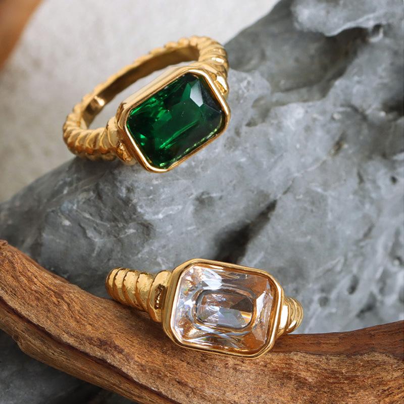 18K Gold Plated Square Multi-color Crystal Chunky Rings Stainless Steel Hypoallergenic Texture CZ Zircon Knuckle Ring Anillos
