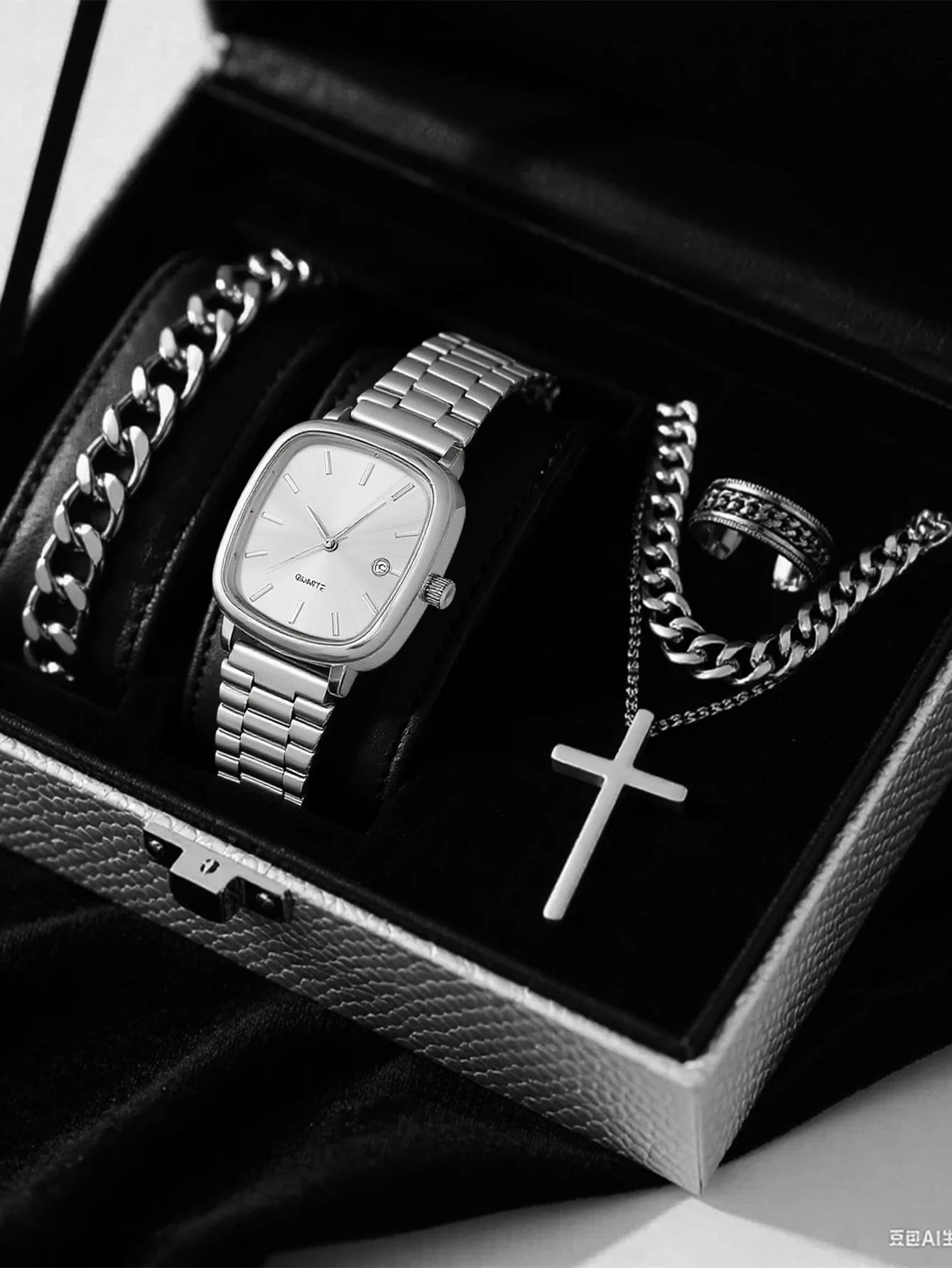

No gift box Steel belt watch retro silver genuine square quartz wristwatch cross video 4-piece set серебряный