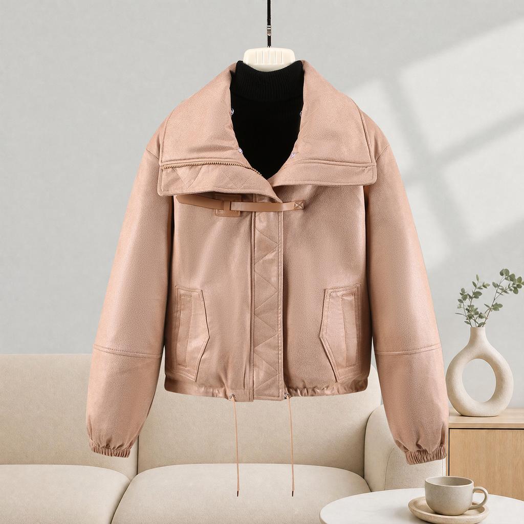 Sweater collar leather jacket cotton-padded jacket women's winter new fashionable foreign style short thickened warm cotton-padded jacket