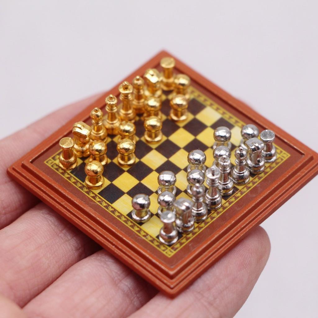 Miniature Chess Set For Dollhouse Accessories And Tabletop Display With Metal Board And Pieces