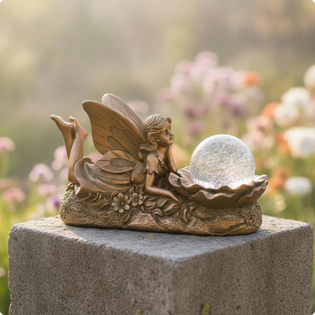 Outdoor Fairy Statue with Glass Sphere | Handmade Floral Detailing,