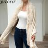 BITCED Fall/Winter Fringe Cape Shawl with Fur Collar Solid-Color Knit Sweater Jacket